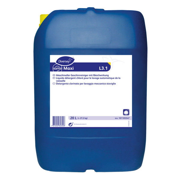 Gelber 20-Liter-Kanister mit flüssigem Geschirrspülmittel Suma Maxi L3.1 für gewerbliche Anwendung