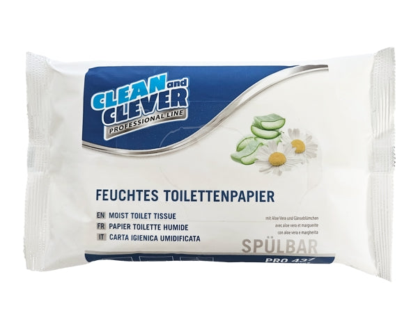 Frontale Ansicht einer 36er Box sauberer FEUCHTTOILETTENPAPIER PACKUNG MIT ALOE VERA UND GÄNSEBLÜMCHEN AUF WEISSEM HINTERGRUND