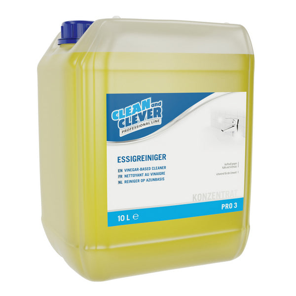 Gelber 10 Liter Kanister mit CLEAN and CLEVER Essigreiniger PRO 3 Etikett für Sanitärbereich