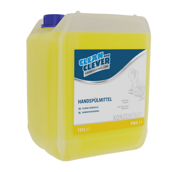 CLEAN and CLEVER Handspülmittel PRO 11 – Zitrusduft, gelb, flüssig, pH: 6 - 7, alkoholhaltig, 10 Liter, Konzentrat (1 Bidon)