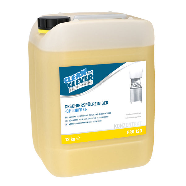 Flasche Clean and Clever PRO 120 Geschirrspülreiniger Hellgelb Produktfoto auf neutraler Oberfläche