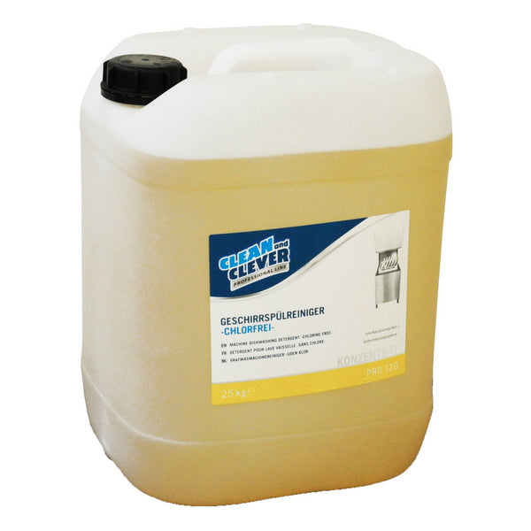 CLEAN and CLEVER Geschirrspülreiniger PRO 120 – hellgelb, flüssig, pH: 12,3, chlorfrei, 25 kg, Konzentrat (1 Bidon)