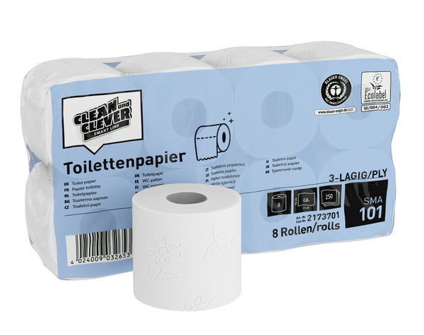 Packung mit 64 weißen Recycling-Toilettenpapier Kleinrollen auf neutralem Grund