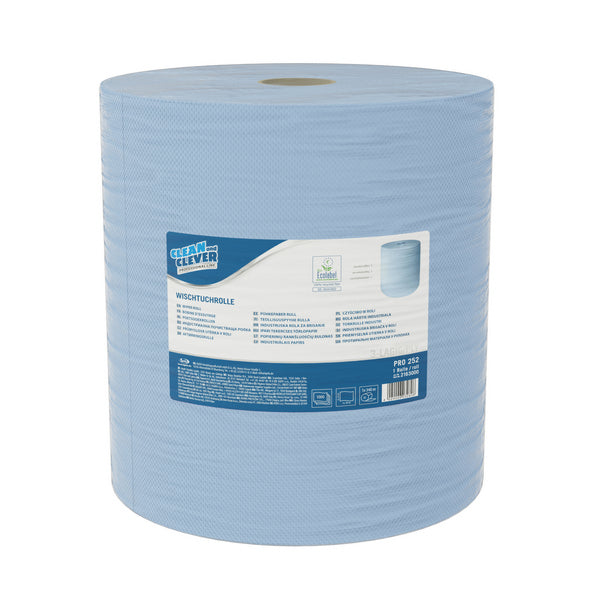CLEAN and CLEVER Wischtuchrolle Maxi PRO 252 – Recycling, 3-lagig, 38 × 36 cm, Rolle à 1000 Blatt = 360 lfm, Aussen Ø 38 cm, Innen Ø 7,3 cm, blau (1 Rolle)