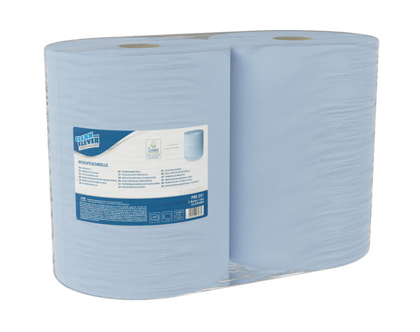 CLEAN and CLEVER Wischtuchrolle Maxi PRO 251 – Recycling, 2-lagig, 38 × 36 cm, 1000 Blatt = 360 lfm, Aussen Ø 29 cm, Innen Ø 7,3 cm, geprägt, blau (2 Rollen)