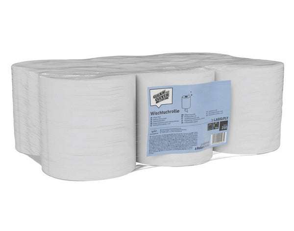 CLEAN and CLEVER Wischtuchrolle SMA 250 – Recycling, 1-lagig, Innenabrollung, 19 cm × 300 lfm, Aussen Ø 20 cm, Innen Ø 6 cm, geprägt, weiss (6 Rollen)