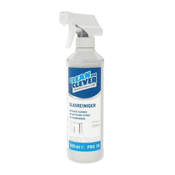 CLEAN and CLEVER Glasreiniger PRO 19 – charakterischer Geruch, farblos, flüssig, pH: 10 - 10,5, 500 ml, gebrauchsfertig, mit Sprühkopf verstellbar (10 Flaschen)