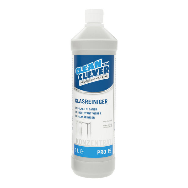 CLEAN and CLEVER Glasreiniger PRO 19 – charakterischer Geruch, farblos, flüssig, pH: 10 - 10,5, 1 Liter, gebrauchsfertig (12 Flaschen)
