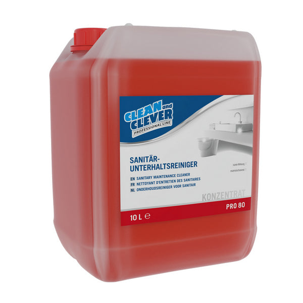 CLEAN and CLEVER Sanitärreiniger PRO 80 – rot, flüssig, pH: 0,8, 10 Liter, gebrauchsfertig (1 Bidon)