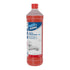 1 Liter rote Sanitärreiniger-Glasflasche PRO 84 auf weißem Fliesenhintergrund