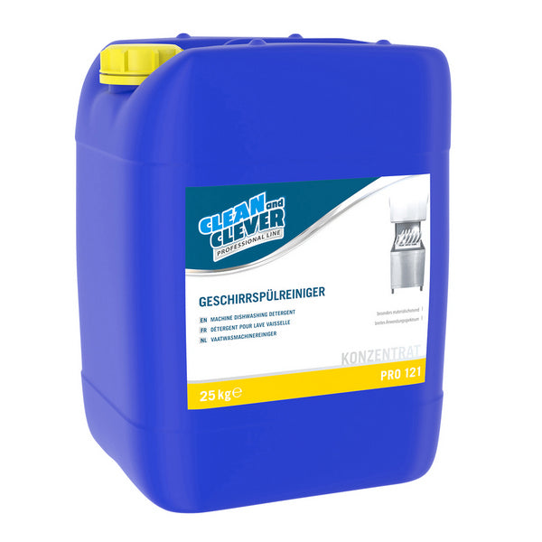 CLEAN and CLEVER Geschirrspülreiniger PRO 121 – hellgelb, flüssig, pH: >12,5, mit Chlor, 25 kg, Konzentrat (1 Bidon)