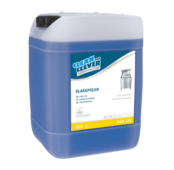 CLEAN and CLEVER Klarspüler PRO 123 – blau, flüssig, pH: 1,7, umweltschonend, alkoholhaltig, 20 Liter, Konzentrat (1 Bidon)