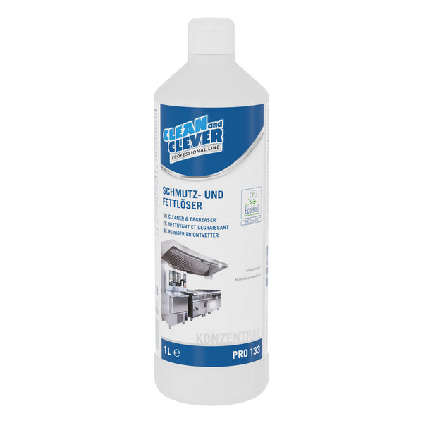CLEAN and CLEVER Schmutz- und Fettlöser PRO 133 – farblos, flüssig, pH: 10,9, 1 Liter (12 Flaschen)