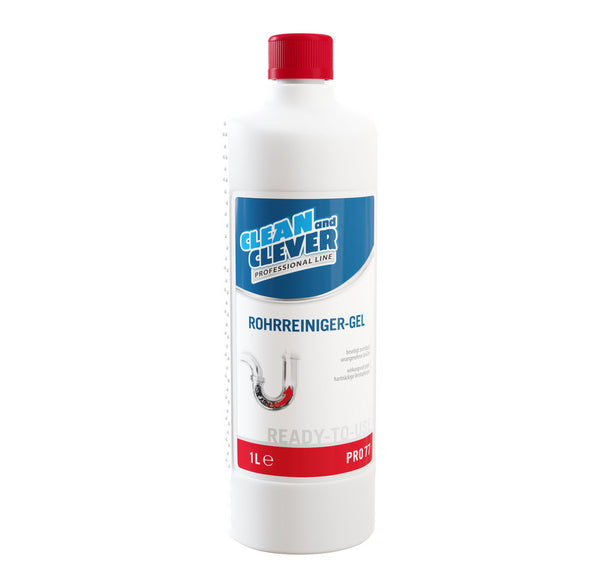Gelbe 1-Liter-Flasche CLEAN and CLEVER Rohrreiniger-Gel PRO 77 als Produktfoto