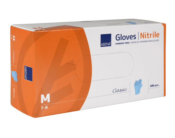 Abena Classic blaue Nitril Einweghandschuhe Größe M im Stapel, puderfrei und unsteril für medizinischen Gebrauch