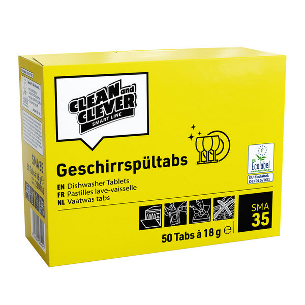 CLEAN and CLEVER Geschirrspültabs SMA 35 – fest, pH: 10 - 10,5, phosphat- und chlorfrei, 50 Tabs à 18 g, gebrauchsfertig (5 Boxen)