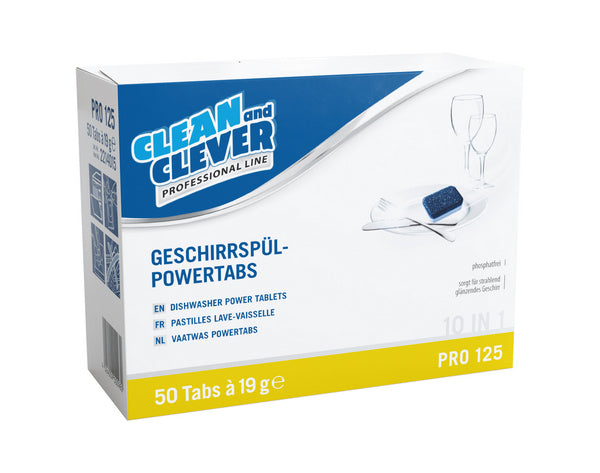 CLEAN and CLEVER Geschirrspül-Powertabs 10 in 1 PRO 125 – weiss, fest, pH: 10,2 - 11, chlor- und phosphatfrei, Box à 50 Tabs, 19 g (5 Boxen)