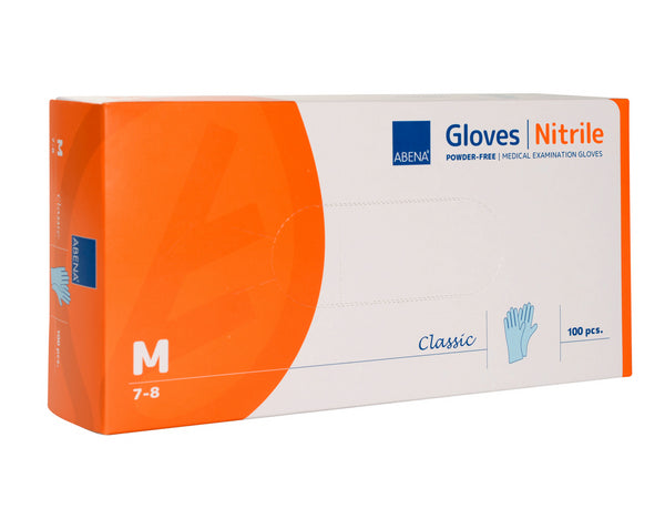 Blaue Abena Classic Nitril Einweghandschuhe Einzelstücke auf neutralem Hintergrund