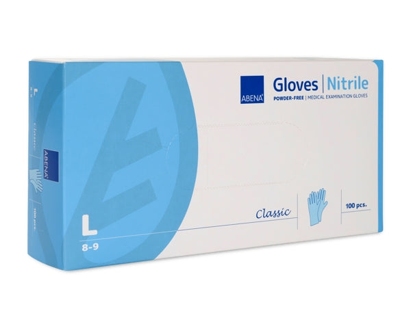 Blaue Abena Classic Nitril Einweghandschuhe als Produktfoto auf neutralem Untergrund
