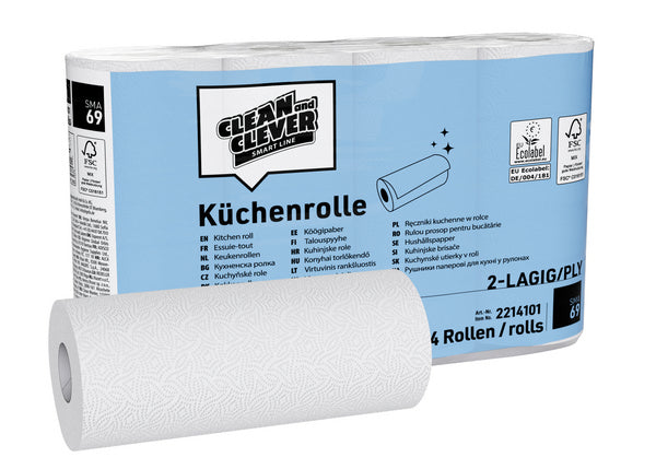 CLEAN and CLEVER Küchenrollen SMA69 – Zellstoff, 2-lagig, Rolle à 64 Blatt, 23 × 22 cm, weiss (32 Rollen (8 x 4))