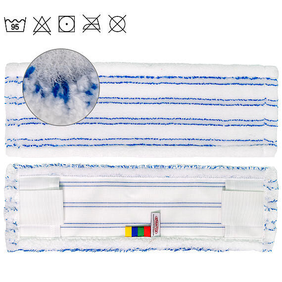 Premium Microfasermopp 40 cm mit 4-facher Farbcodierung auf gefliestem Boden dargestellt