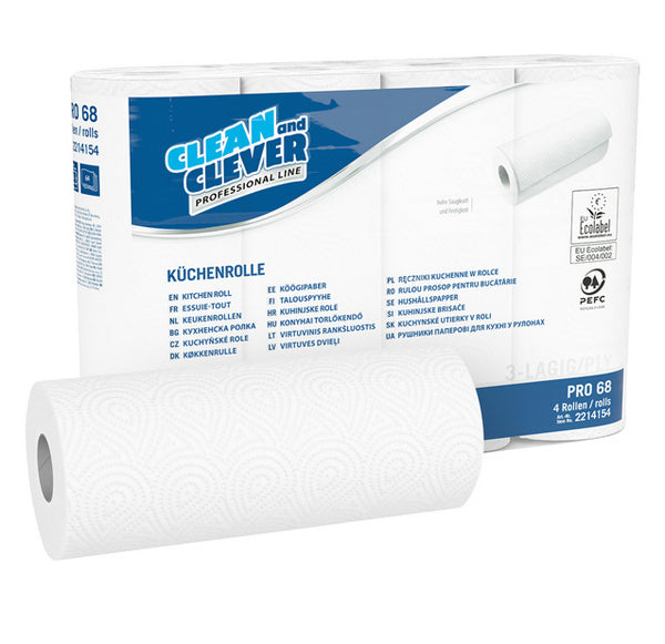 CLEAN and CLEVER Küchenrolle PRO 68 – Zellstoff, 3-lagig, Rolle à 64 Blatt, 26 × 23 cm, hochweiss (32 Rollen (8 x 4))
