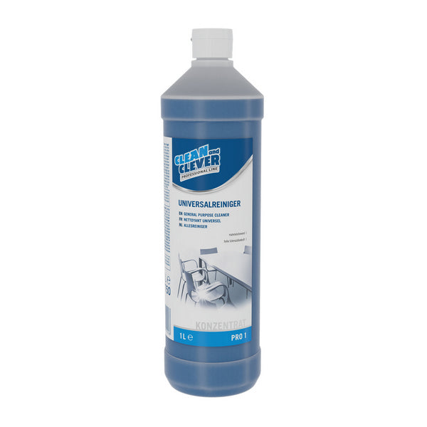CLEAN and CLEVER Universalreiniger PRO 1 – flüssig, blau, parfümiert, frischer Geruch, pH: 10, 1 Liter (12 Flaschen)