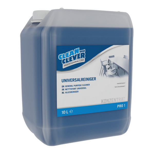 CLEAN and CLEVER Universalreiniger PRO 1 – flüssig, blau, parfümiert, frischer Geruch, pH: 10, 10 Liter (1 Bidon)