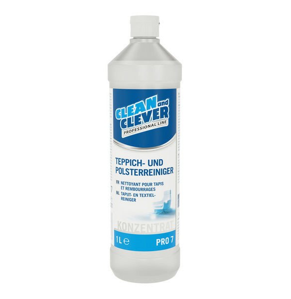 CLEAN and CLEVER Teppich- und Polsterreiniger PRO 7 – flüssig, farblos, geruchslos, pH: 9, 1 Liter, Konzentrat (12 Flaschen)