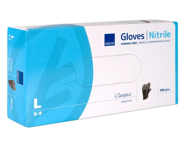 Schwarze Abena Classic Nitril Einweghandschuhe Größe L als Einzelstück und in Verpackungsbox dargestellt