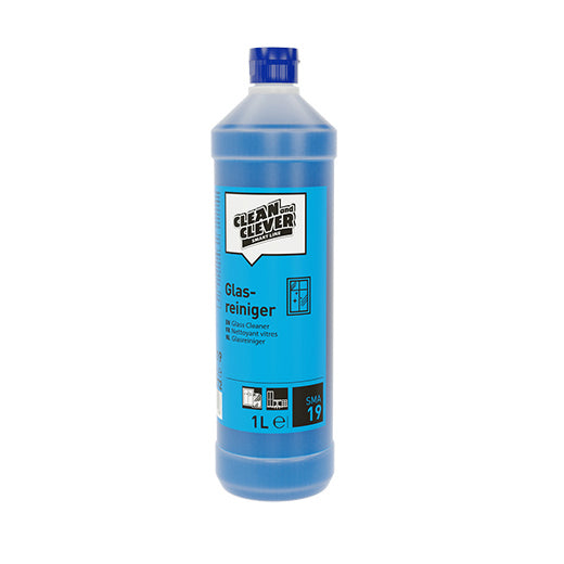 CLEAN and CLEVER Glasreiniger SMA 19 – flüssig, blau, pH: 10,5, 1 Liter, gebrauchsfertig und Konzentrat (je nach Anwendung) (12 Flaschen)