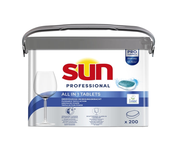 Sun Professional All in 1 Geschirrspültabs – parfümiert, weiss / türkis, fest, pH: 11, 200 Tabs (200 Stück)