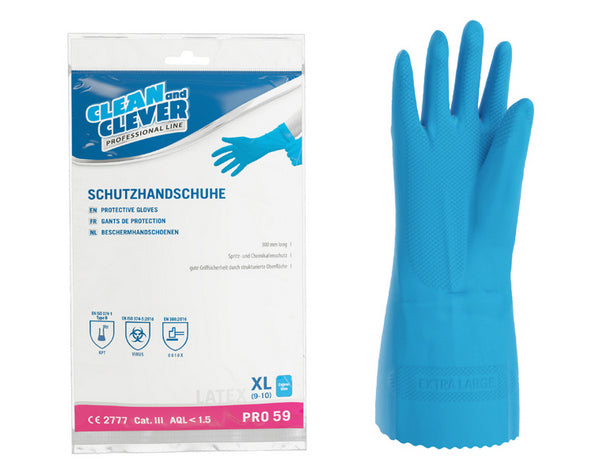 CLEAN and CLEVER Latex-Schutzhandschuhe PRO 59 – blau, 30 cm lang, innen velourisiert, aussen vollflächig texturiert, PSA Kategorie III, Grösse XL (10 Paar)