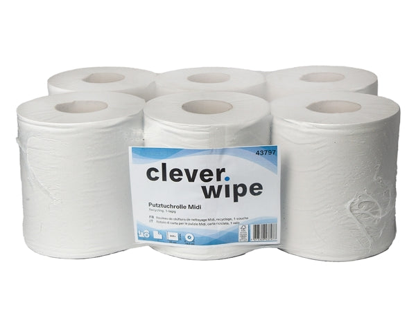 Weisse Recycling-Papierwischtücher Rolle Clever Wipe Midi auf neutralem Untergrund