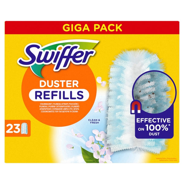 Drei Swiffer Staubmagnet Nachfüllpackungen mit 23 feuchten Tüchern auf weißem Hintergrund