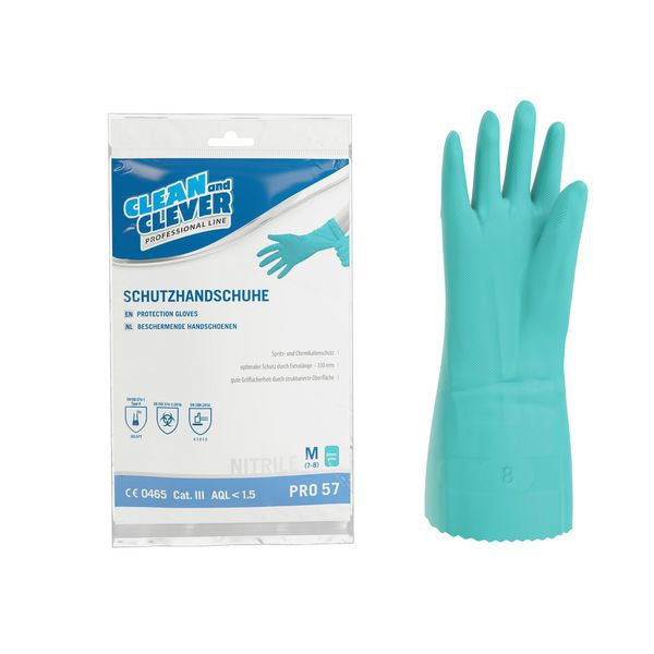 CLEAN and CLEVER Nitril- Schutzhandschuhe PRO 57 – grün, 33 cm lang, innen velourisiert, aussen vollflächig texturiert, PSA Kategorie III, Grösse M (12 Paar)