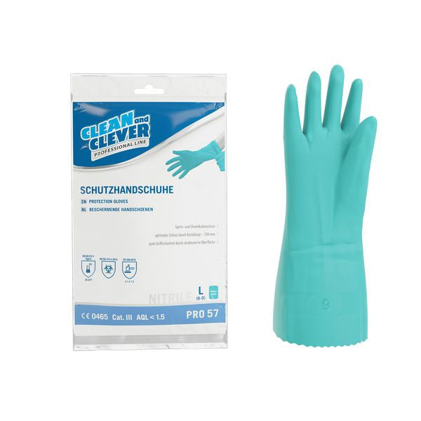 CLEAN and CLEVER Nitril- Schutzhandschuhe PRO 57 – grün, 33 cm lang, innen velourisiert, aussen vollflächig texturiert, PSA Kategorie III, Grösse L (12 Paar)