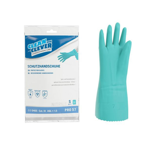 CLEAN and CLEVER Nitril- Schutzhandschuhe PRO 57 – grün, 33 cm lang, innen velourisiert, aussen vollflächig texturiert, PSA Kategorie III, Grösse S (12 Paar)