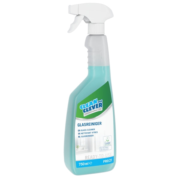 CLEAN and CLEVER Glasreiniger PRO 21 – charakterischer Geruch, blau, flüssig, pH: 6,5 - 8, 750 ml, gebrauchsfertig, mit Sprühkopf (12 Flaschen)
