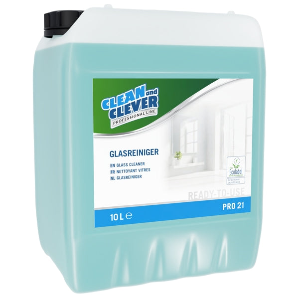 CLEAN and CLEVER Glasreiniger PRO 21 – charakterischer Geruch, blau, flüssig, pH: 6,5 - 8, 10 Liter, gebrauchsfertig und Konzentrat (je nach Anwendung) (1 Bidon)