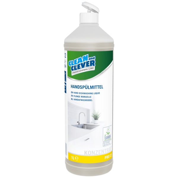 CLEAN and CLEVER Handspülmittel PRO 12 – charakterischer Geruch, farblos, flüssig, pH: 5,2, 1 Liter, gebrauchsfertig (12 Flaschen)
