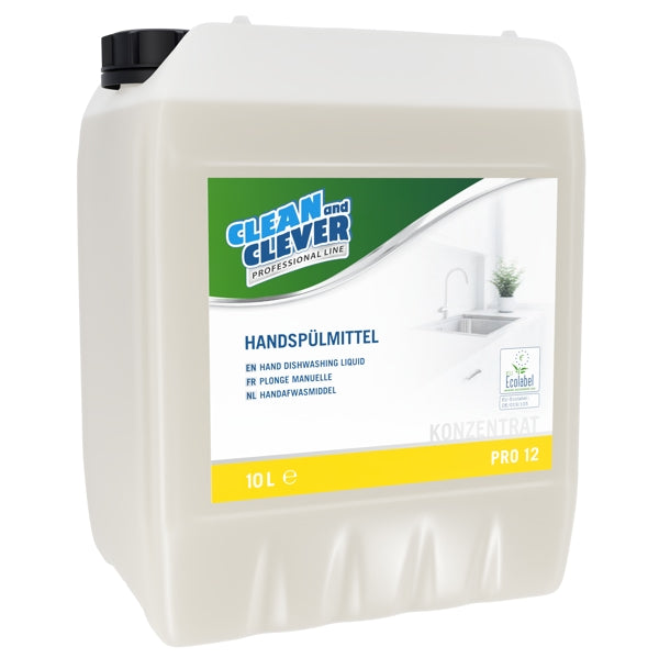 CLEAN and CLEVER Handspülmittel PRO 12 – charakterischer Geruch, farblos, flüssig, pH: 5,2, 10 Liter, gebrauchsfertig (1 Bidon)
