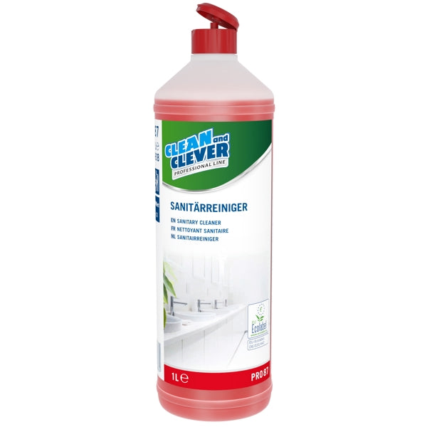 CLEAN and CLEVER Sanitärreiniger PRO 87 – parfümiert, rot, flüssig, pH: 2,1, 1 Liter (12 Flaschen)