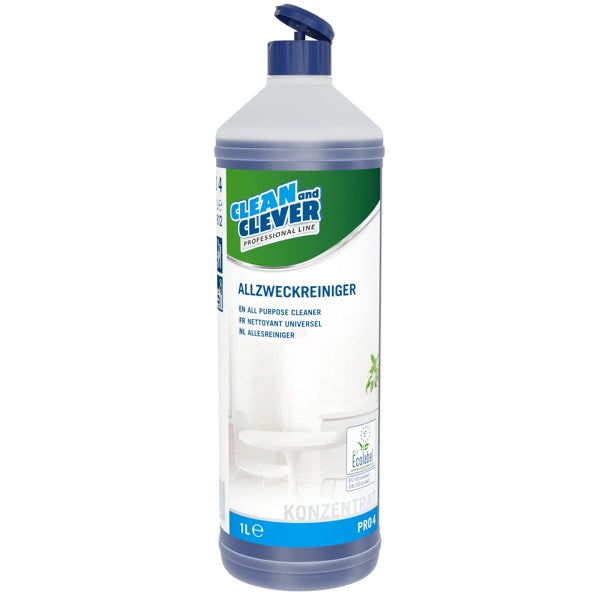 CLEAN and CLEVER Allzweckreiniger PRO 4 – parfümiert, blau, flüssig, pH: 10,9, 1 Liter, Konzentrat (12 Flaschen)