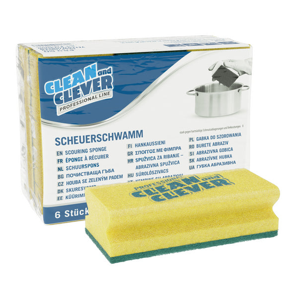 CLEAN and CLEVER Scheuerschwamm PRO 60 – 7 × 15 cm, gelb/grün (6 Stück)