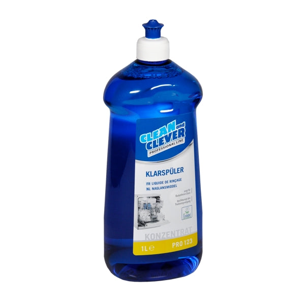 CLEAN and CLEVER Klarspüler PRO 123 – blau, flüssig, pH: 1,7, umweltschonend, alkoholhaltig, 1 Liter, Konzentrat (12 Flaschen)