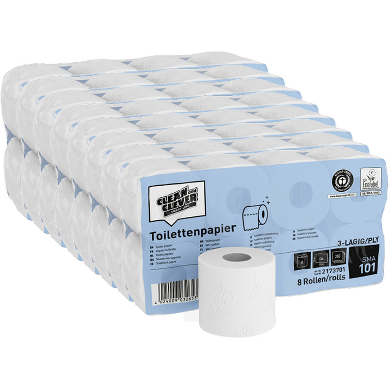 Nahaufnahme der weißen 3-lagigen Toilettenpapier-Rolle mit Blumen-Prägung